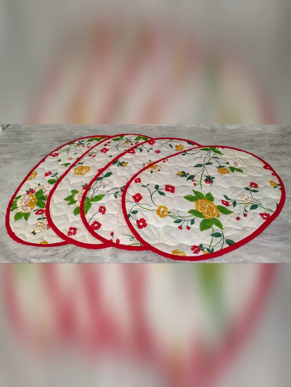 4 Vintage Quilted Placemats Red & Yellow Flowers Reversible